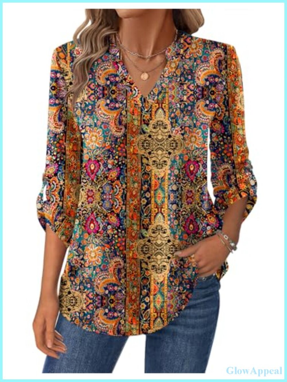 Womens Long Sleeve V Neck Blouse Roll Up Sleeves Work Top